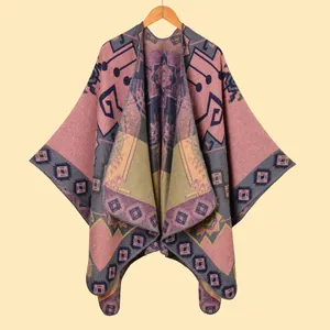 Cape Poncho Bohème Vintage pour Femmes en Imitation Cachemire Enveloppement Chaud Épaissi Imprimé Notes de Musique Châle Oversize Automne Hiver