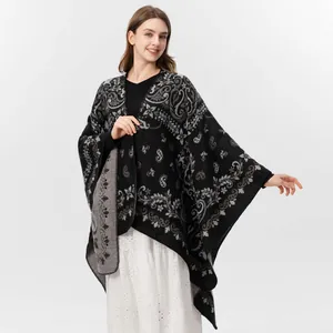 Women's Retro Paisley Jacquard Poncho Shawl Soft Imitation Cashmere Open Front Cloak Wrap Winter Travel Fashion Scarf