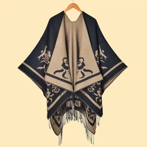 Women's vintage floral jacquard knit shawl with tassels in khaki and black split design