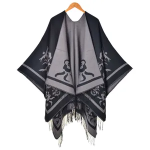Women's vintage floral jacquard shawl with fringe edge and open front design