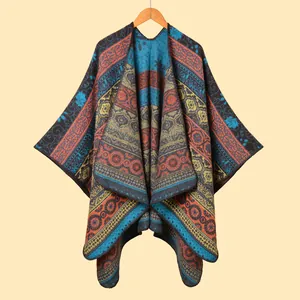 Bohemian thick knit vintage totem shawl poncho for women in colorful geometric pattern