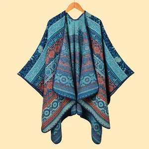 Women Vintage Bohemian Faux Cashmere Poncho Shawl Ethnic Totem Geometric Print Open Front Thick Warm Winter Cape Wrap
