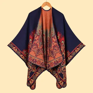 Women Bohemian Vintage Paisley Jacquard Thickened Warm Shawl Poncho Imitation Cashmere Split Front Wrap Cape Cardigan Fall Winter Scarf