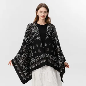 Women's vintage black paisley knit shawl wrap with elegant ethnic floral patterns