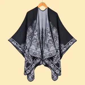 Winter vintage jacquard shawl cloak with paisley pattern and warm fringe detail