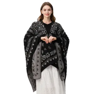 Women's retro leopard paisley jacquard shawl wrap for travel in thick knit fabric