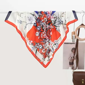 Women's French Style Floral Print Satin Square Scarf Elegant Silky Polyester Neck Scarf Headband Bag Decor Hair Accessories