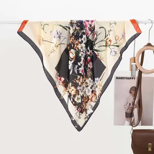 French style floral print satin square scarf in cream white with geometric patterns