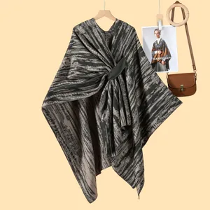 Retro knit wrap shawl poncho with abstract texture and elegant draped neckline