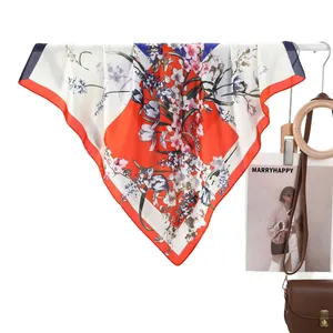 French style silk scarf featuring floral lily and tulip print with red and blue borders