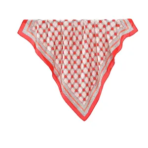 Elegant geometric print faux silk square scarf for women with red border and sleek texture
