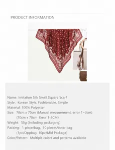 Detail of burgundy paisley print faux silk scarf showing 70x70cm polyester fabric