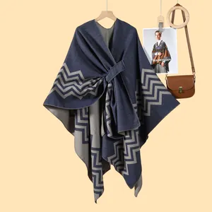 Navy blue and grey knit wave pattern poncho cardigan with waist belt for winter