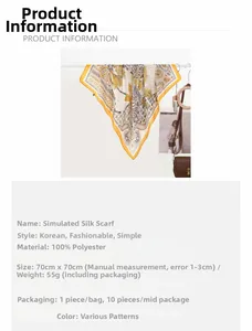 Detailed size and material specification of a 70x70cm yellow floral polyester scarf