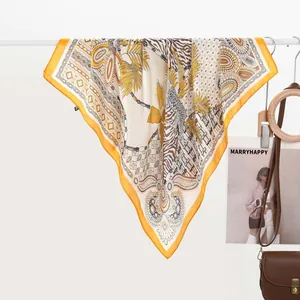 Elegant silk scarf with yellow border, tropical palm and zebra print for summer travel