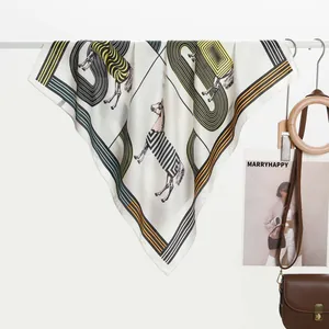 Silk-like zebra pattern square scarf with colorful stripes and horse print for women