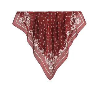 Classic burgundy paisley silk-like square scarf with bohemian floral patterns and white borders