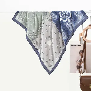 Vintage paisley print silk square scarf in navy blue and mint green for women