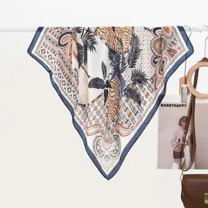 Tropical palm and leopard print silk scarf with navy borders for summer sun protection