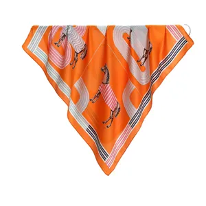 70cm zebra print silk satin scarf featuring orange horse pattern and geometric border