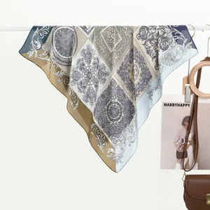Baroque floral silk-feel square scarf in light blue and khaki on a hanger