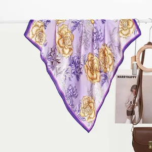 Women Elegant Peony Floral Print Satin Square Scarf Elegant Sun Protection Neck Scarf Luxury Hair Headscarf Travel Accessories
