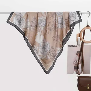 Elegant beige silk-like square scarf with white peony floral print and black border