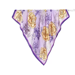 Elegant purple silk-like scarf featuring vintage yellow peony flowers and smooth texture