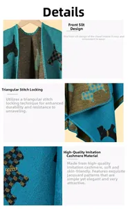 Detail view of knit poncho featuring Scottie dog jacquard and triangle stitched edges