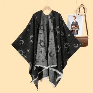 Bohemian Sun Moon Stars Faux Cashmere Shawl Double Sided Jacquard Tassel Poncho Wrap Vintage Celestial Winter Warm Scarf