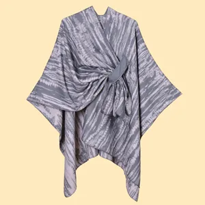 Detailed close-up of Harajuku style shawl showing gray and lilac pink knit texture and tie