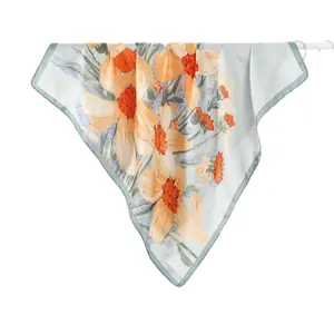 Elegant Chinese ink lotus silk scarf with vibrant orange flowers and blue background