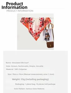 Detail of red floral printed square scarf with 100% polyester 70x70cm material specs