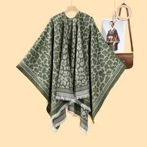 Classic green leopard print knitted poncho wrap with fringe tassels for women