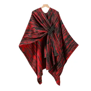 Retro red and black tiger striped shawl poncho cardigan for women travel and autumn warmth
