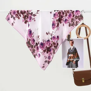 Elegant white silk square scarf featuring purple rose floral prints for women