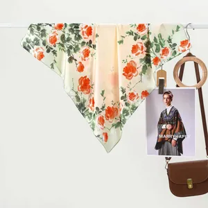 Floral Rose Print Satin Square Scarf For Women Elegant Silky Neck Scarf Head Wrap Handbag Decorative Fashion Accessory