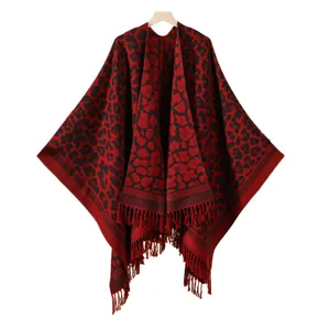 Classic leopard print shawl with red tassels and split hem in a warm cashmere-like fabric