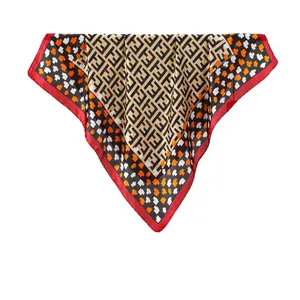 Silk-like square scarf with khaki F-pattern, geometric patchwork and red borders