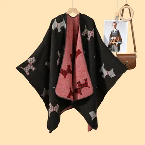 Double-sided knitted shawl cape with Scottish Terrier pattern in red and black