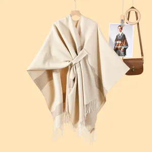 Women Fashion Imitation Cashmere Striped Shawl Poncho With Tassel Fringe Open Front Warm Winter Cloak Cardigan Travel Wrap Lady