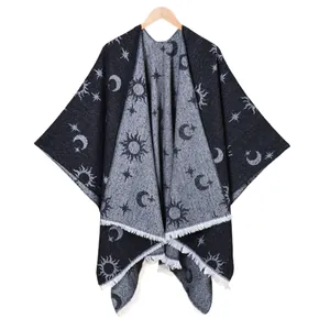Women's double-sided jacquard shawl with sun moon star patterns and fringe trim