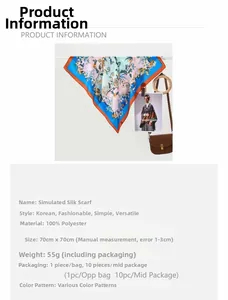 Detailed view of 70x70cm polyester scarf with floral bird print and specification table