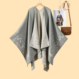Dual-sided grey cashmere-like shawl with sun and moon fringe patterns for women
