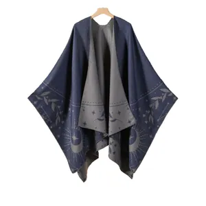 Reversible star and moon pattern cashmere shawl with fringe trim for winter warmth