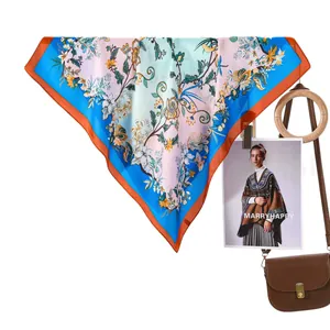 Floral silk scarf with vintage bird print and royal blue borders for women accessories