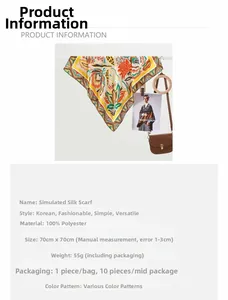 Detail showing 70x70cm polyester floral square scarf with material and size specifications