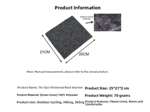 Detail view of tie-dye neck warmer with thick fleece lining and product dimensions
