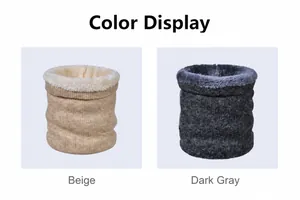 Detail van gebreide nekwarmer in beige en gemêleerd grijs-zwart met fleecevoering