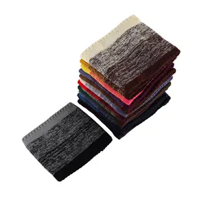 Detailed view of thick winter knit neck warmers in various vibrant space-dye colors